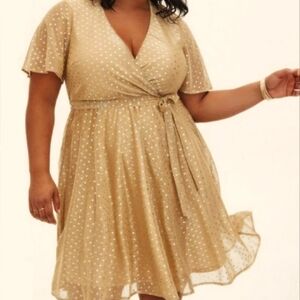 Torrid Gold Metallic Polka Dot Mesh Faux Wrap Dress 6